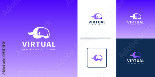 Gaming glasses logo featuring virtual reality, digital technology, gear, and vector design inspiration.