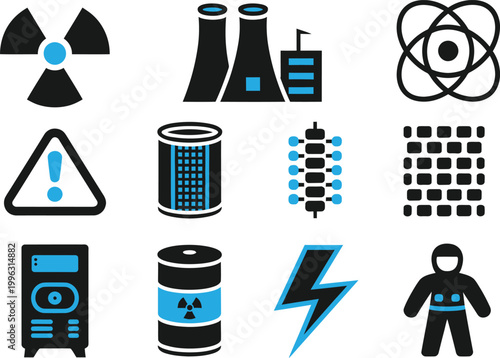 Radiation Safety and Nuclear Industry Icons Set. Reactor, Warning Sign, Protective Suit Vector Illustration