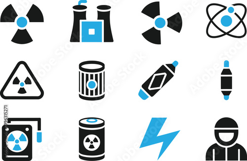 Nuclear Energy and Radiation Hazard Icons Set. Radioactive, Power Plant, Warning Vector Illustration