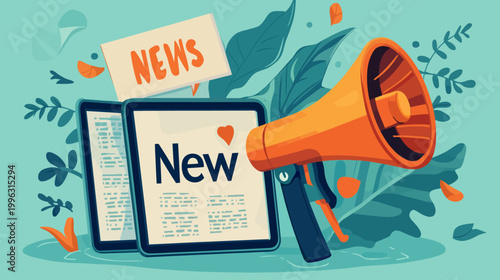 Illustration announcing news with tablet and megaphone with orange and turquoise foliage backdrop
