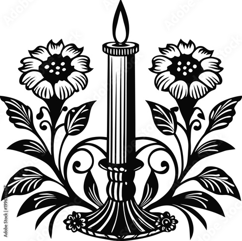 Black and white candle, floral decoration, vector illustration, elegant design element