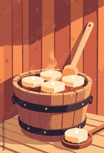 flat poster Nordic Sauna interior wooden bucket holding glowing, flat geometric hot stones, simple wooden ladle resting across it Flat wooden wall planks Wellness warmth concept No text