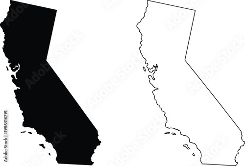 California state map silhouette and outline isolated on white background representing geographic location, USA region, cartography design, and navigation reference