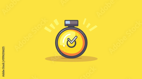 A stylized stopwatch illustration, with a yellow background. Time concept with check mark