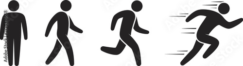 Human movement icon set showing standing, walking, running and sprinting figures in black silhouette for fitness, activity, and motion concepts