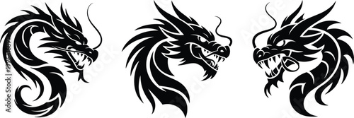 Εκτύπωση καμβά Set of fierce dragon head silhouettes with detailed tribal style isolated on whi