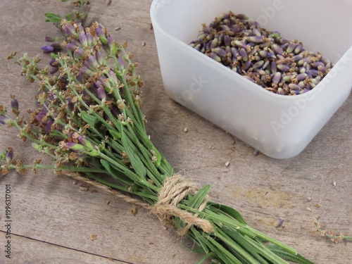 A bundle of lavender tied with sisal twine beside a container with collected flowers on rustic wooden background.