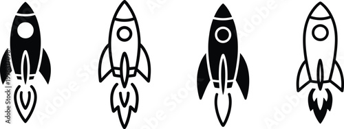 Set of rocket launch silhouettes with different space shuttle designs isolated on white background representing startup growth, innovation, and business success concept