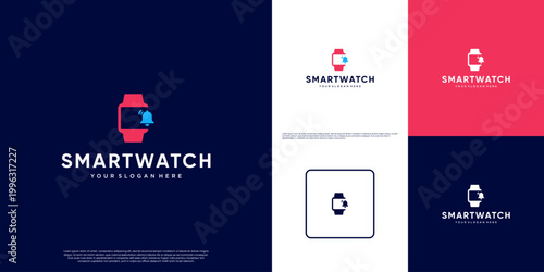 Minimalist logo in the form of a smart watch and a bell symbol, notification symbol, monitoring, graphic vector inspiration.