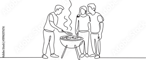 Three friends having fun barbeque. Barbequing with friends or family concept. one line art icon drawing vector