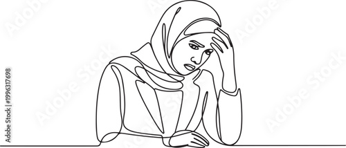 Continuous one line drawing Arab businesswoman despair suffer grief. Female manager sad gesture expression. one line art icon drawing vector