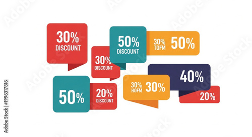 Discount percentage labels, colorful speech bubbles, sale tags, promotional icons, vector discount signs