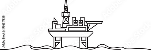 Offshore platforms are large structures used in the oil and gas industry to extract petroleum resources from beneath the ocean. one line art icon drawing vector