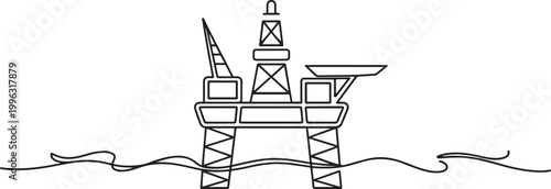 Offshore platforms are large structures used in the oil and gas industry to extract petroleum resources from beneath the ocean. one line art icon drawing vector