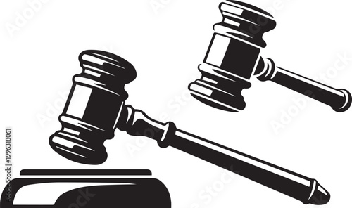 A pair of gavels and a sound block are shown in a simple black and white illustration