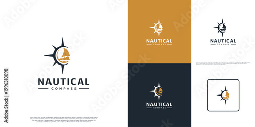 Abstract logo of compass and sailing ship, direction marker, travel symbol, vector design graphic.