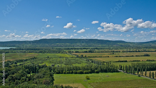 Sunny summer landscape with meadows and hills on a sunny summer day near Keszthely, Hungary 