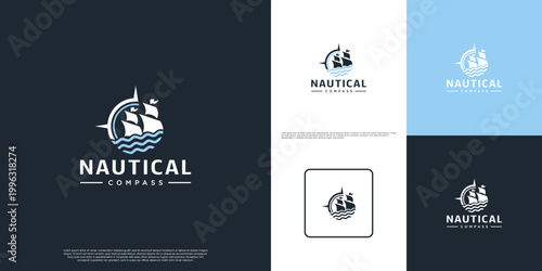 Ocean explorer logo with ship and compass concept, graphic design illustration.