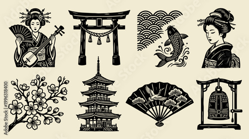 Japanese Geisha and Traditional Cultural Motifs: Linocut Style Graphic Set, Black and Cream Vector Illustration