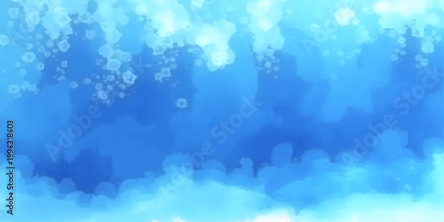 Abstract blue background with bubbles featuring a bright bokeh design of shiny blurred lights and glowing water drops to create a defocused summer air illustration