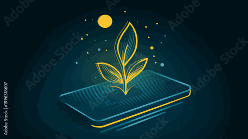Artistic depiction of a stylized plant growing from a rectangular base, set against a dark blue background