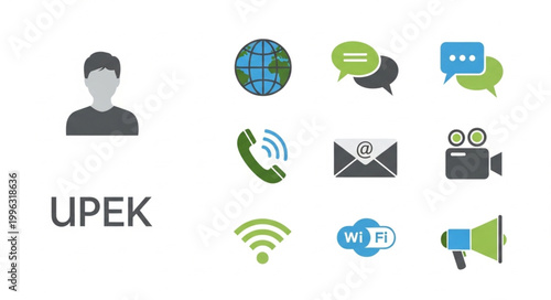 Man with communication icons around him.