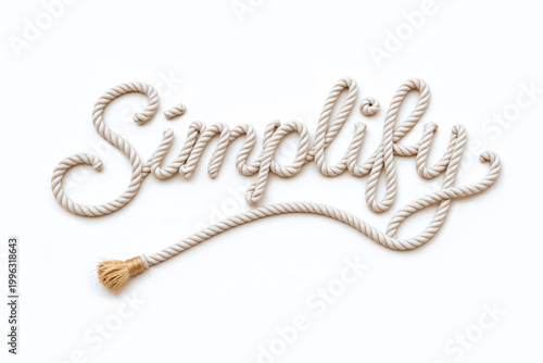The word 'Simplify' is creatively crafted with a rope against a light background, featuring a tassel at one end for added texture