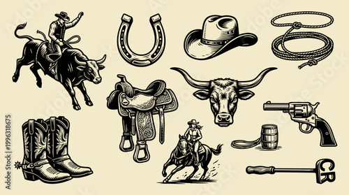 Rodeo Cowboy Linocut Illustration Set: Bull Rider, Saddle, Lasso, and Western Elements