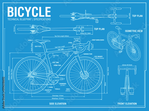 Racing Bicycle Technical Blueprint: Engineering Drawing with Multi-View Layout on Blue Background