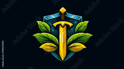 A golden sword piercing a blue shield with green and yellow leaves, all on a dark background