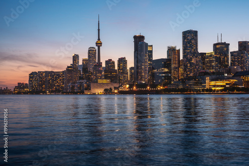 Photography Illuminated Toronto city skyline at sunset on Lake Ontario - Toronto, Ontario, C