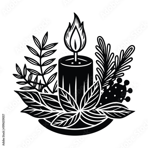 Black and white candle icon with leaves, candle flame vector, minimalist illustration, decorative elements