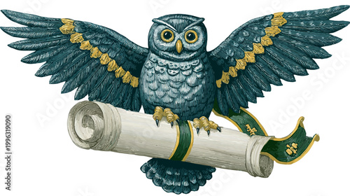 Illustration of an owl with spread wings, clutching a scroll with decorative ribbons