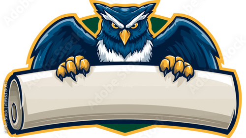 A stylized owl with spread wings, clutching a scroll. Bold illustration, with sharp angles