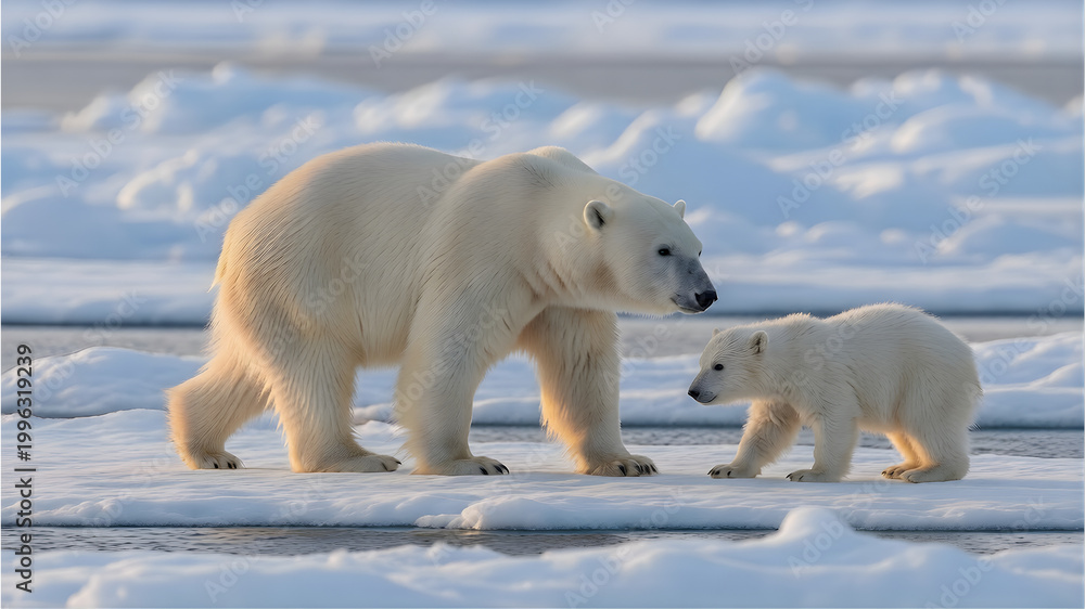 Fototapeta premium Polar bear mother and cub walking on arctic ice floe at sunset, climate change concept