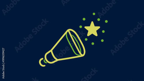 A stylized illustration featuring a telescope and a shining star on a deep blue backdrop