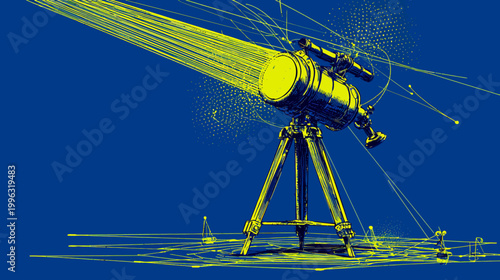A detailed illustration of a telescope, rendered in yellow and blue against a deep blue background