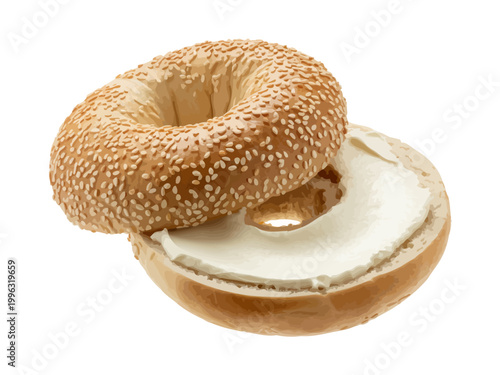 Sesame seed bagel with cream cheese spread on white background
