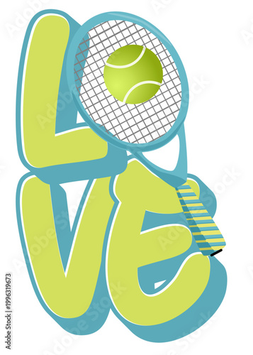 Colorful LOVE tennis sticker with letter-shaped racket and ball. Green and teal retro design, perfect for sport apparel, prints and social media
