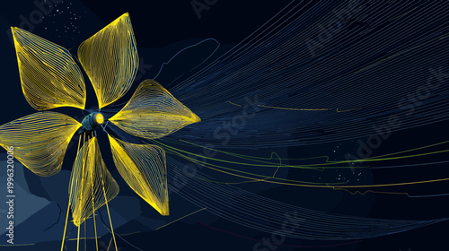 Stylized floral design features an abstract bloom, radiant petals against a dark, cosmic background