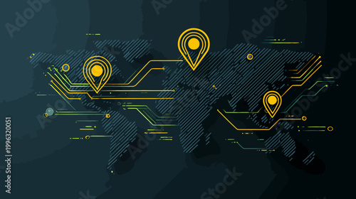 A world map featuring a digital circuit design with location pins and connecting lines