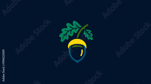 A stylized illustration of an acorn with leaves and stem in green, yellow, and blue