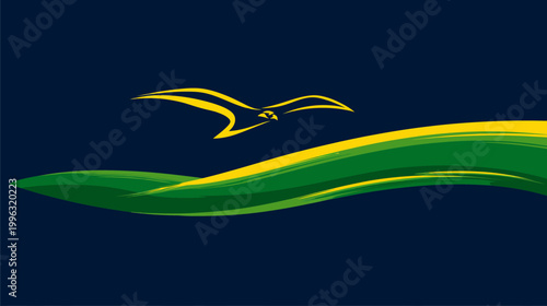 Abstract image of a yellow bird flying above green and yellow brushstrokes on dark blue