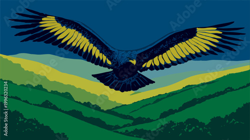 A stylized illustration features a bird of prey soaring above rolling green hills, under a blue sky