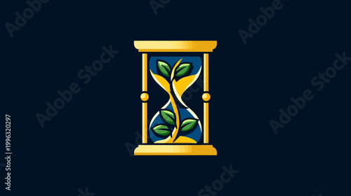 An hourglass illustration filled with a growing plant inside, set against a dark blue background