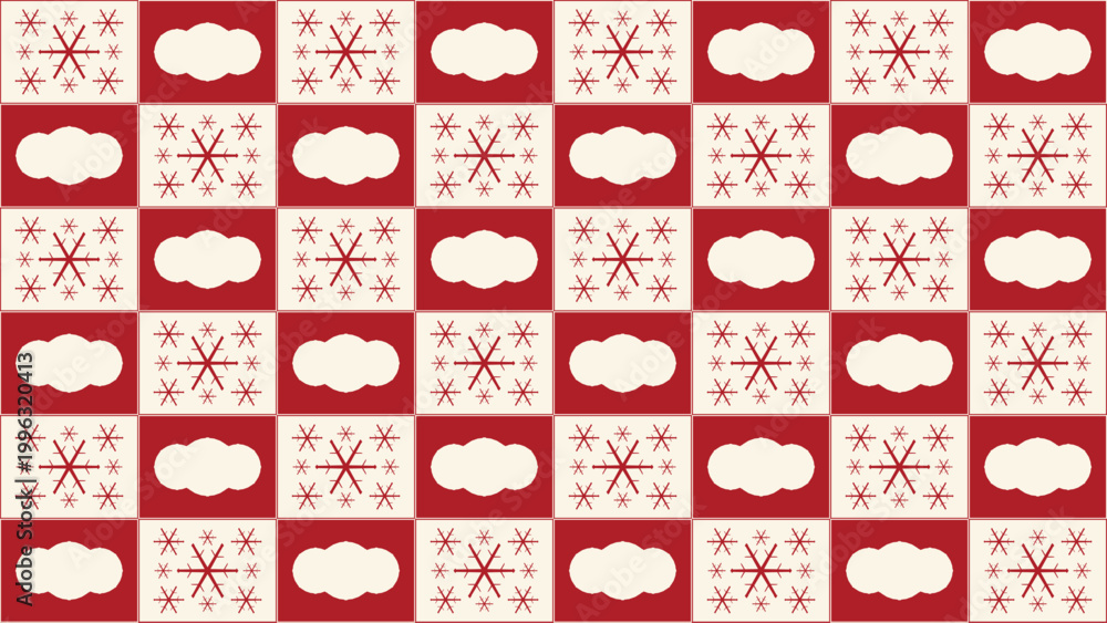 Naklejka premium Winter seamless tile pattern with snowflakes and cloud icons in red and cream, festive holiday background for wrapping paper, textiles and seasonal design