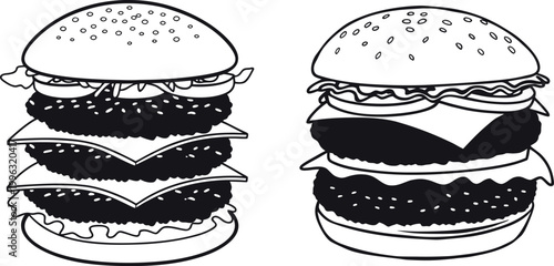 Double Patty Burger Vector Illustration – Black and White Cheeseburger Fast Food Icon Set