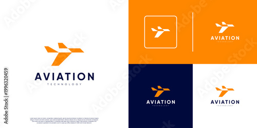 flight destination logo, with abstract geometric style airplane shape, vector design template.