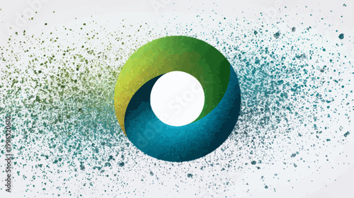 A colorful circular logo with blue, green, and yellow hues. Speckled background of similar colors