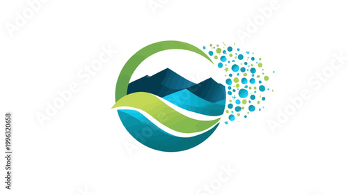 Abstract logo mountains within a circle, featuring water and a burst of dots